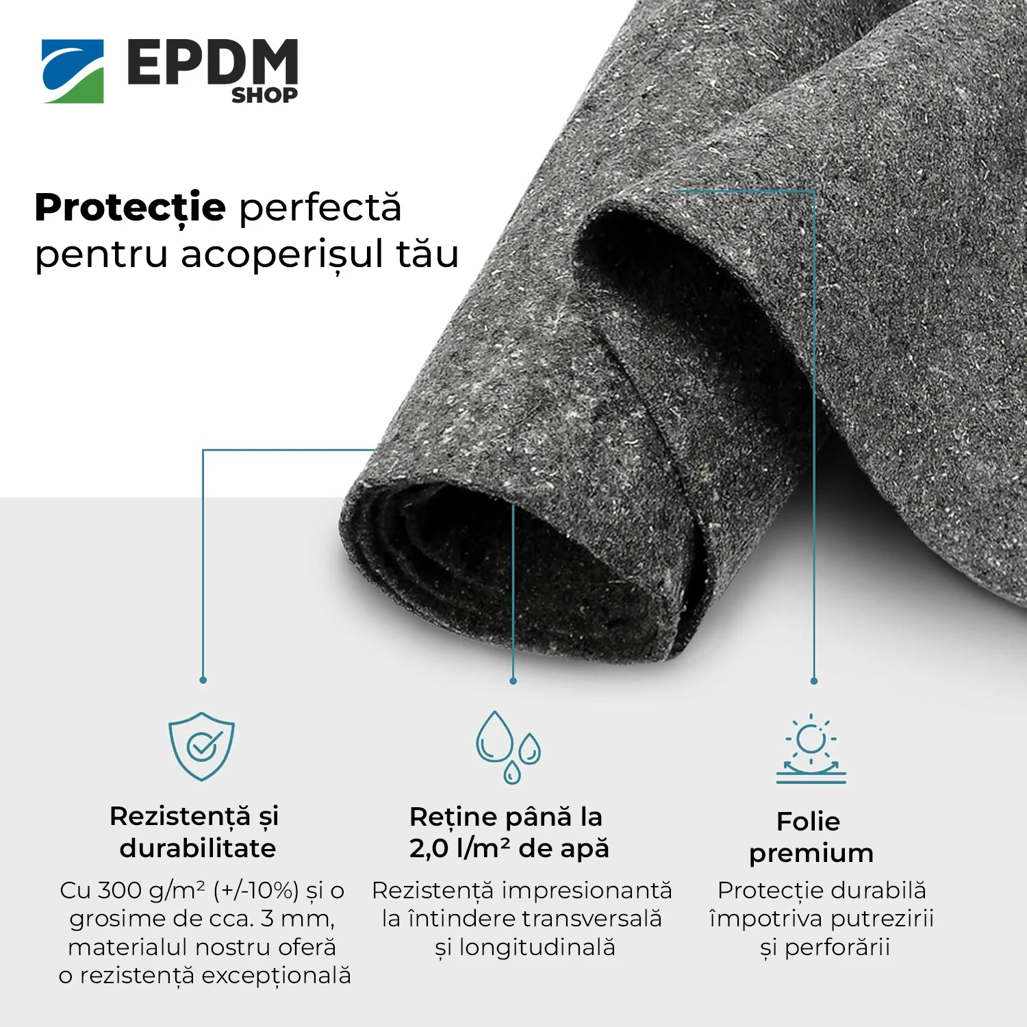Geotextil 300g/mp rolă 6x145m pentru protecție mecanică membrane EPDM, drenaj și separare straturi acoperiș