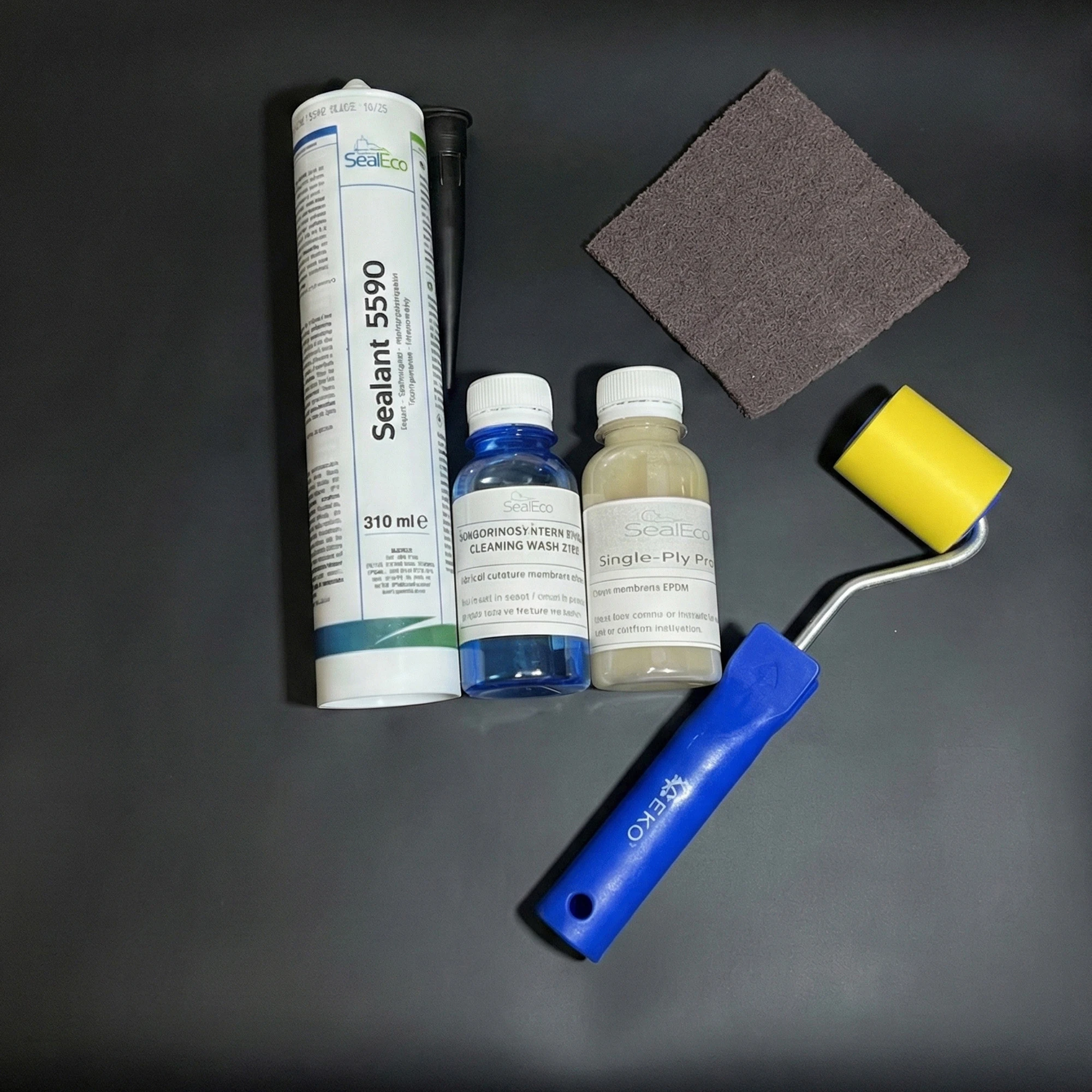 Kit reparații EPDM SealEco cu Sealant 5590, Primer, soluție curățare și rolă presare pentru membrane hidroizolante